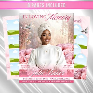 Plantilla de programa funerario de rosas blancas y rosadas: Memorial de 8 páginas (Canva PDF)