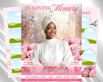 Pink & White Roses Funeral Program Template: 8-Page Memorial (Canva PDF)