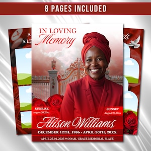 Sjabloon voor begrafenisprogramma met rode bloemen, gedenkteken van 8 pagina's (canva, pdf)