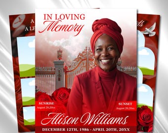 Red Floral Funeral Program Template, 8-Page Memorial (Canva, PDF)