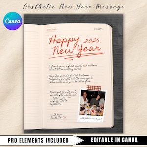 May include: An open notebook with the text "Happy New Year 2026" in red script. The notebook includes handwritten notes, a photo, and the phrases "A fresh year, a fresh start" and "Pro Elements Included".