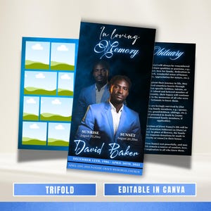 May include: A trifold obituary template featuring a portrait of a man in a blue suit. The design includes the text "In Loving Memory" and details such as dates, times, and the name "David Baker."