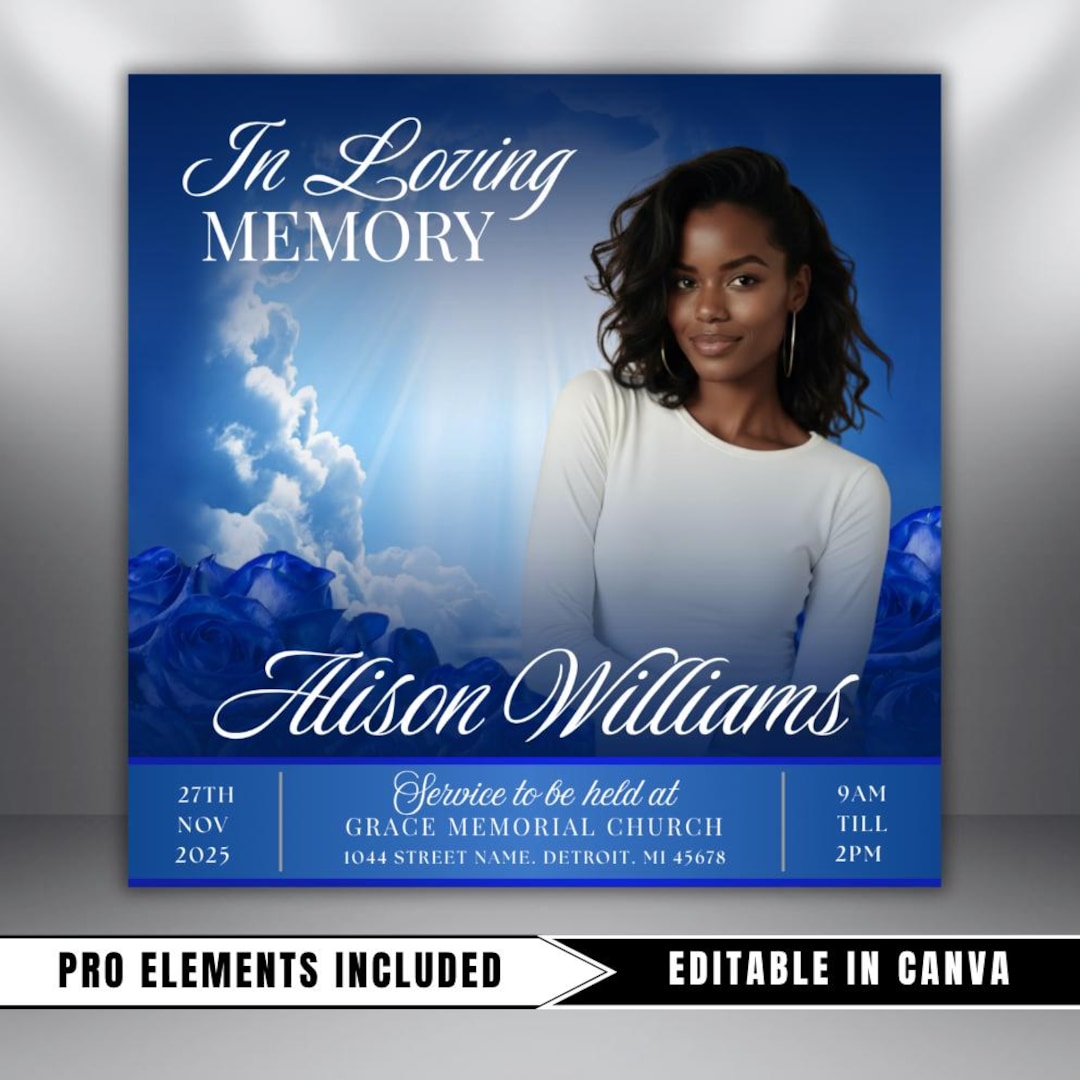 Blue Roses Funeral Announcement Flyer: Obituary, Celebration of Life ...