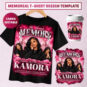 Puede incluir: Una camiseta negra con un diseño conmemorativo sobre un fondo de nubes rosas, palomas blancas y el texto In Loving Memory, Forever In Our Hearts y KAMORA. El diseño incluye tres fotos de una persona y una cita conmemorativa en texto blanco.