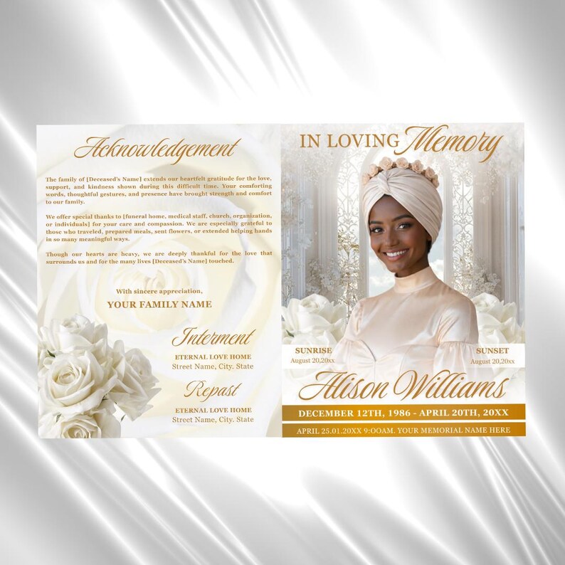 White Gold Roses Funeral Program Template: 8-Page Memorial (Canva PDF) image 3