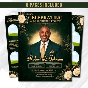 Könnte beinhalten: Eine Vorlage für ein Trauerprogramm mit dunkelgrünem Hintergrund, goldenen floralen Akzenten und weißen Rosen. Der Text lautet CELEBRATING A BEAUTIFUL LEGACY, Robert L. Johnson, SUNRISE MAY 12, 1955, SUNSET JUNE 20, 2024 und A Life Remembered With Love.