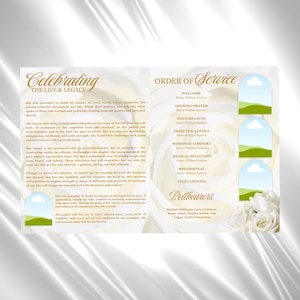 White Gold Roses Funeral Program Template: 8-Page Memorial (Canva PDF) image 4