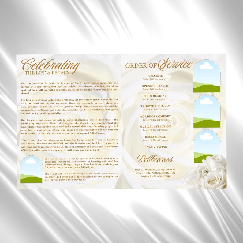 White Gold Roses Funeral Program Template: 8-Page Memorial (Canva PDF) image 4