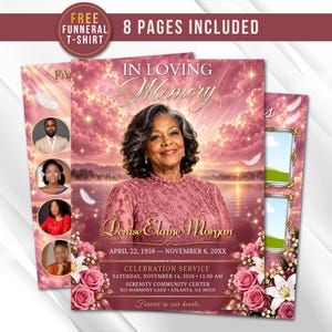 Puede incluir: Una plantilla de programa funerario con un fondo de atardecer rosa, nubes, plumas blancas y rosas rosadas. El texto dice In Loving Memory, Denise Elaine Morgan, 22 de abril de 1958 - 6 de noviembre de 20XX y detalles del servicio conmemorativo.