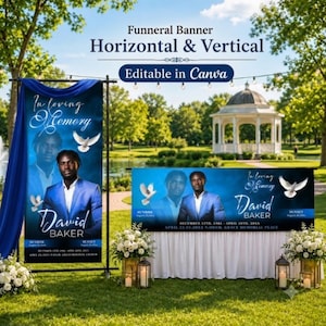 May include: A funeral banner set featuring a vertical and horizontal design in deep blue with white text reading In loving Memory David BAKER. The banners display a portrait of a person in a blue suit, white doves, and memorial details.