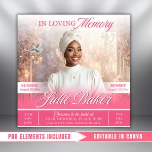 Flyer begrafenisaankondiging roze en witte rozen: overlijdensbericht, viering van het leven (canvasjabloon pdf)
