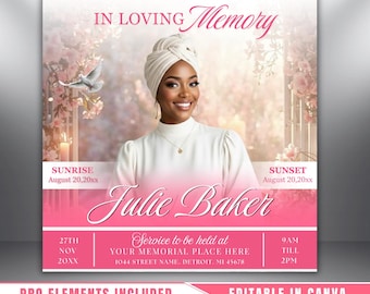 Pink & White Roses Funeral Announcement Flyer: Obituary, Celebration of Life (Canva Template PDF)