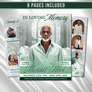 May include: A memorial service program with a portrait of a smiling man in a light green shirt. The program includes the text "In Loving Memory" and "8 Pages Included". The program also includes the dates of birth and death, and the name "Michael Hook".