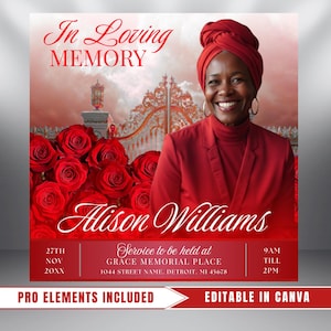 Red Roses Funeral Announcement Flyer: Obituary, Celebration of Life (Canva Template PDF)