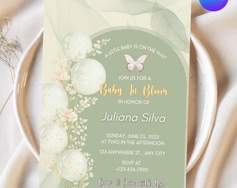 Baby in Bloom Einladung, Grün Blumen Babyparty, bearbeitbare Canva Vorlage (Digitaler Download)