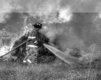 Fireman Photo, 8x10 Fine Art Photograph, Fire in the Field, Wall Decor, Black and White Photo