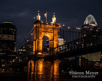 Roebling Suspension Bridge at Night - Fine Art Photo Print, Wall Decor, 8x10 Photograph, Cincinnati Print, Cincinnati Photo, Landscape