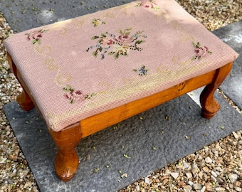 Antique Embroidered Footstool: Victorian Floral Needlepoint, Carved Legs