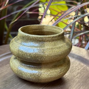 May include: A small, round ceramic pot with a textured, olive-green glaze. The vessel features a distinct double-bulge silhouette with a wide, open top and a smooth, slightly glossy finish that catches the light across its curved surface.
