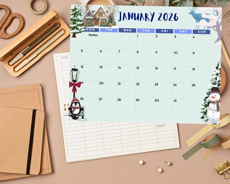 EDITABLE January 2026 Calendar Winter Snowman Planner Printable Monthly ...