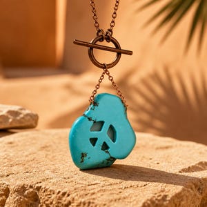 May include: A necklace featuring a bright turquoise stone pendant with a cutout peace sign symbol. The pendant is suspended from a copper-toned metal chain that connects to a circular toggle clasp with a horizontal bar closure at the top.