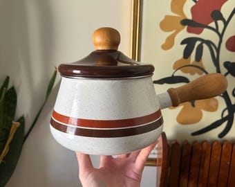 Vintage Enamel Striped Pot, Fondue Pot With Wooden Handle