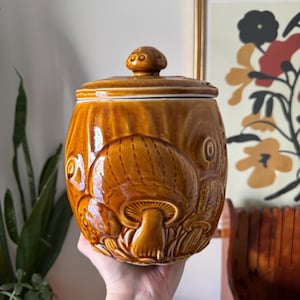 May include: A brown ceramic cookie jar with a lid, featuring a detailed relief of mushrooms. The jar has a glossy finish and a mushroom-shaped knob on the lid. The design includes various mushroom sizes and textures.