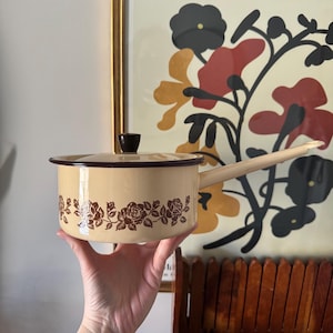 May include: Cream enamel saucepan with a lid and long handle. The pan has a brown floral rose pattern around the base. The lid has a black knob. The pan is held in front of a framed floral print.