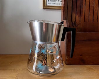 Vintage Douglass 6-Cup Coffee Pot and percolator, Gold Pine Cone & Turquoise Carafe