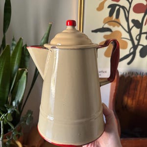 Peut inclure: Cafetière en émail beige avec une poignée et des bordures rouges. Le couvercle est surmonté d'un bouton rouge. Le pot est tenu par une personne. En arrière-plan, des plantes et une affiche florale encadrée.