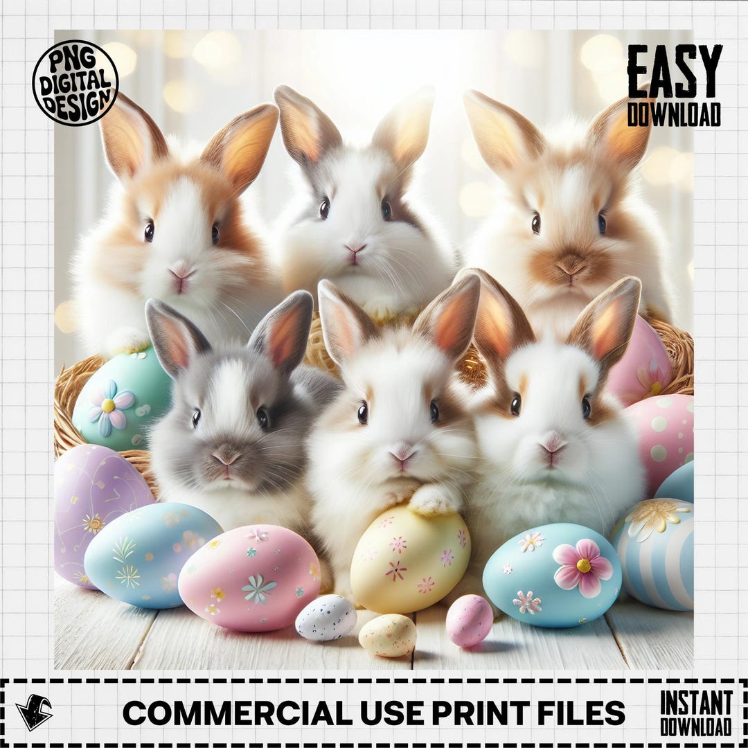 Adorable Easter Bunnies & Pastel Eggs Digital Art Print, Spring Bunny ...