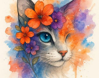 May include: Watercolor painting of a cat's face with vibrant orange and purple flowers adorning its head. The cat has striking blue eyes and a soft, gray and orange fur pattern, set against a colorful watercolor background.