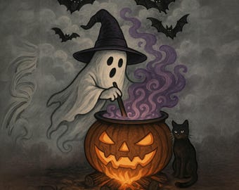 Ghost Witch Cauldron Halloween Art Print | Spooky Purple Smoke Pumpkin Cauldron | Flying Bats Black Cat Gothic Wall Art Digital Download