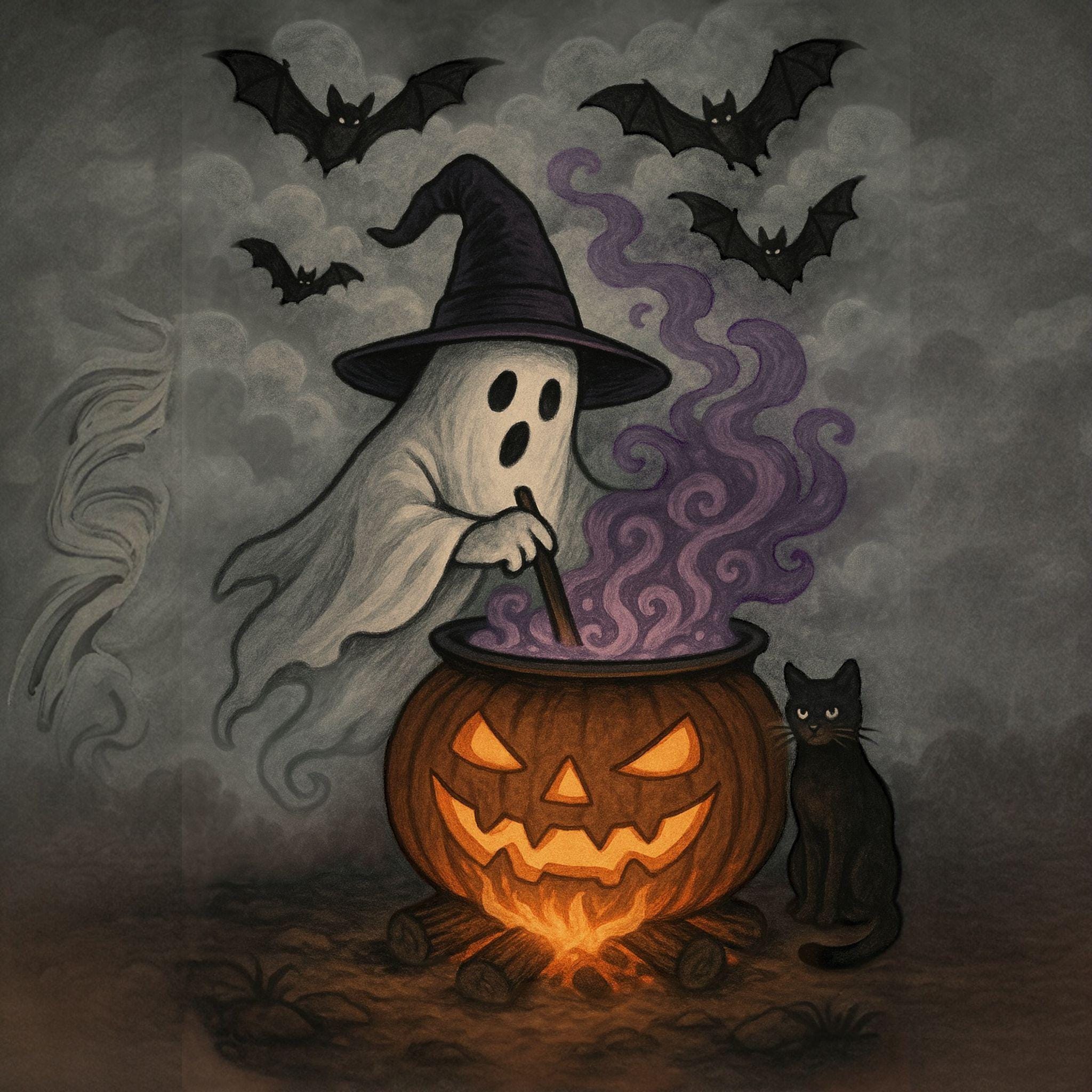Ghost Witch Cauldron Halloween Art Print | Spooky Purple Smoke Pumpkin ...