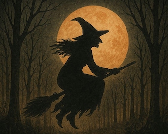 Flying Witch Over Full Moon | Halloween Night Digital Download PDF JPG | Spooky Wall Art