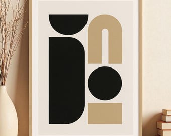 Mid Century Modern Geometric Wall Art | Beige & Black Abstract Shapes | Minimalist PRINTABLE Poster | Digital Download A1–A5, 24x36”