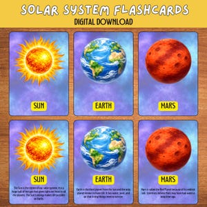May include: Solar system flashcards featuring illustrations of the Sun, Earth, and Mars. Each card has the planet's name and a brief description. The top of the image reads "SOLAR SYSTEM FLASHCARDS DIGITAL DOWNLOAD".