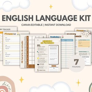 Puede incluir: Un kit de idioma inglés con el texto "ENGLISH LANGUAGE KIT" y "CANVA EDITABLE | INSTANT DOWNLOAD". La imagen muestra siete páginas con varios diseños para el aprendizaje de idiomas, incluyendo rastreadores de hábitos, listas de frases y listas de vocabulario. El fondo es beige claro con elementos decorativos.
