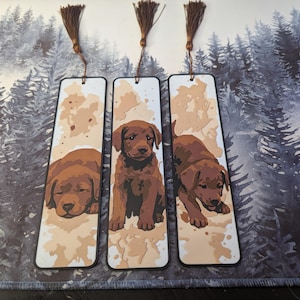 Op de afbeelding: Drie rechthoekige bladwijzers met illustraties van bruine Labrador puppy's. Elke bladwijzer toont een andere pose: slapen, zitten en spelen. De bladwijzers hebben een witte achtergrond met bruine en bruinbeige spetters en bruine kwastjes.