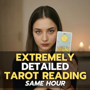 May include: A woman holding a tarot card with a yellow sun and blue sky design. The card is in front of a woman with long brown hair. The image has text that reads "EXTREMELY DETAILED TAROT READING SAME HOUR".