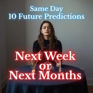 Può includere: Una donna è seduta a un tavolo con una tovaglia blu scuro. Il testo "Same Day 10 Future Predictions" è in blu e "Next Week or Next Months" in rosso. Una sfera di cristallo, candele e incenso sono sul tavolo.