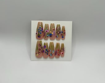 Floral Ladybug Press On Nails: Hand-Painted Reusable Spring Nail Set