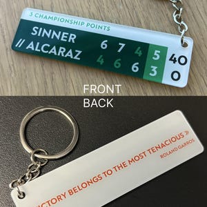 Può includere: Un portachiavi rettangolare con anello e catena argentati. Il fronte presenta i punteggi di una partita di tennis tra Sinner e Alcaraz, con la scritta "3 CHAMPIONSHIP POINTS". Il retro recita "VICTORY BELONGS TO THE MOST TENACIOUS" e "ROLAND GARROS."