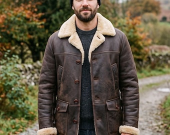 Men's Dark Brown Sheepskin Leather Shearling Coat, Vintage Button-Closure Winter Jacket
