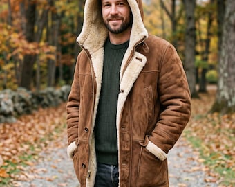 Men Brown Suede Shearling-Coat with-Hood, Handmade Sheepskin Duffle-Parka, Winter Leather-Jacket for-Men, Warm-Vintage Aviator-Overcoat