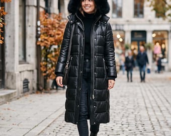 Women Black Leather Puffer-Coat, Long Lambskin Winter-Jacket with Detachable-Hood, Real-Leather Maxi-Parka, Quilted Down Trench-Coat