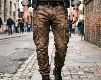 Distressed Brown Leather Pants Men, Genuine-Lambskin Cargo-Trousers, Vintage-Motorcycle Biker-Joggers, Handmade Tactical Leather-Pants