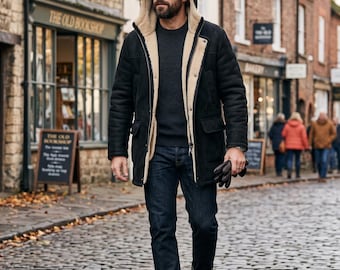 Men Black Suede Shearling-Coat with-Hood, Genuine-Sheepskin Leather-Jacket, Winter Parka-Overcoat, Warm-Hooded Trench-Coat, Gift-for-Him