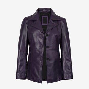 May include: A purple leather jacket with a classic design. The jacket features a notched collar, three buttons, and long sleeves. The jacket has a tailored fit and is made of a smooth, shiny leather material.