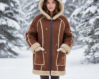 Women's Chocolate Brown Shearling-Jacket with Hood, Genuine-Leather, Fur-Winter-Coat Warm Hooded Suede-Parka,Oversized-Boho Winter-Outerwear